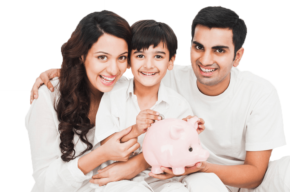 A family saving together with a piggy bank